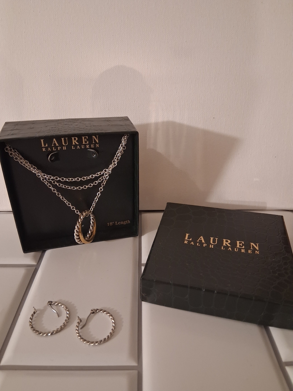 Ralph Lauren Silver-Tone Layered Necklace with Twisted Ring and Hoop Earrings